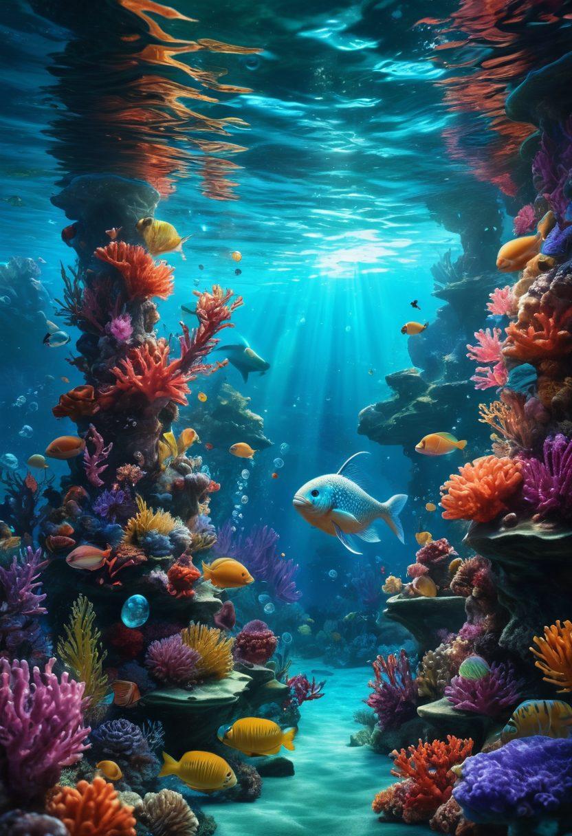 An enticing underwater scene filled with vibrant sea life and coral reefs, with a hint of playful mermaids peeking from the depths, surrounded by bubbles and sparkling light. The atmosphere should evoke curiosity and allure, inviting the viewer to explore a hidden world of adult entertainment. super-realistic. vibrant colors. ethereal lighting.