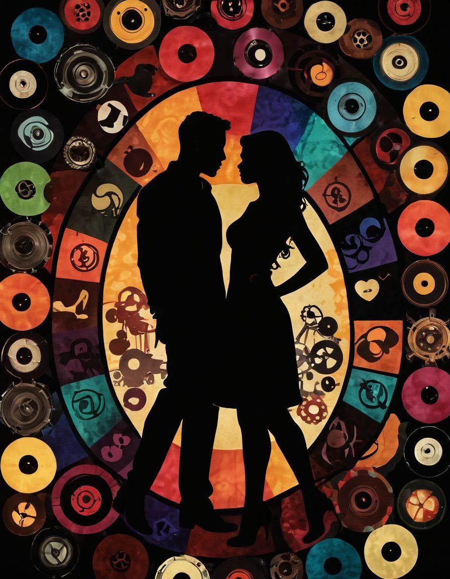 An artistic collage featuring alluring silhouettes of diverse couples, juxtaposed with vibrant film reel elements and iconic sexual symbols. Soft, sensual lighting creates an intimate atmosphere, emphasizing the transition from raw to romantic. The background subtly incorporates textures of velvet and satin, suggesting elegance. Include titles of popular adult films artistically woven into the design for added context. vibrant colors. painterly style.