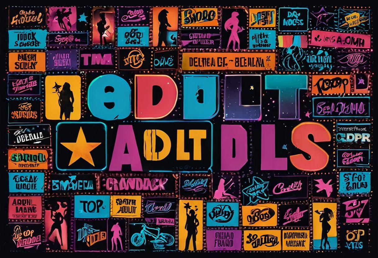 A vibrant collage of movie reels, film clips, and silhouettes of iconic adult film characters in a playful and artistic style, surrounded by bright neon lights and stars. The background features a stylish cinema marquee showcasing the title 'Top Adult Film Clips'. The colors are bold and engaging, inviting curiosity. A touch of retro vibes to evoke nostalgia, while remaining classy and respectful. digital art. vibrant colors. retro style.